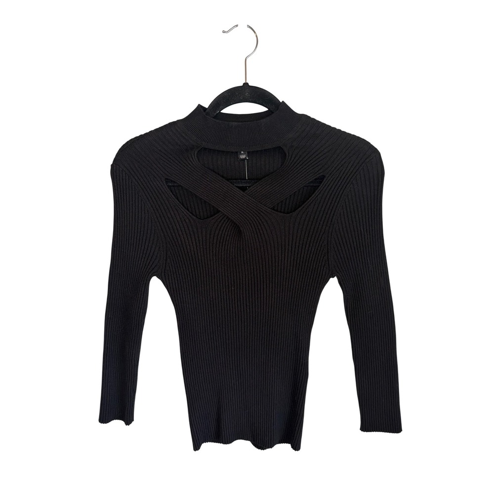 White House Black Market Black Ribbed Cutout Mockneck Top 3/4 Sleeve 570357463 M